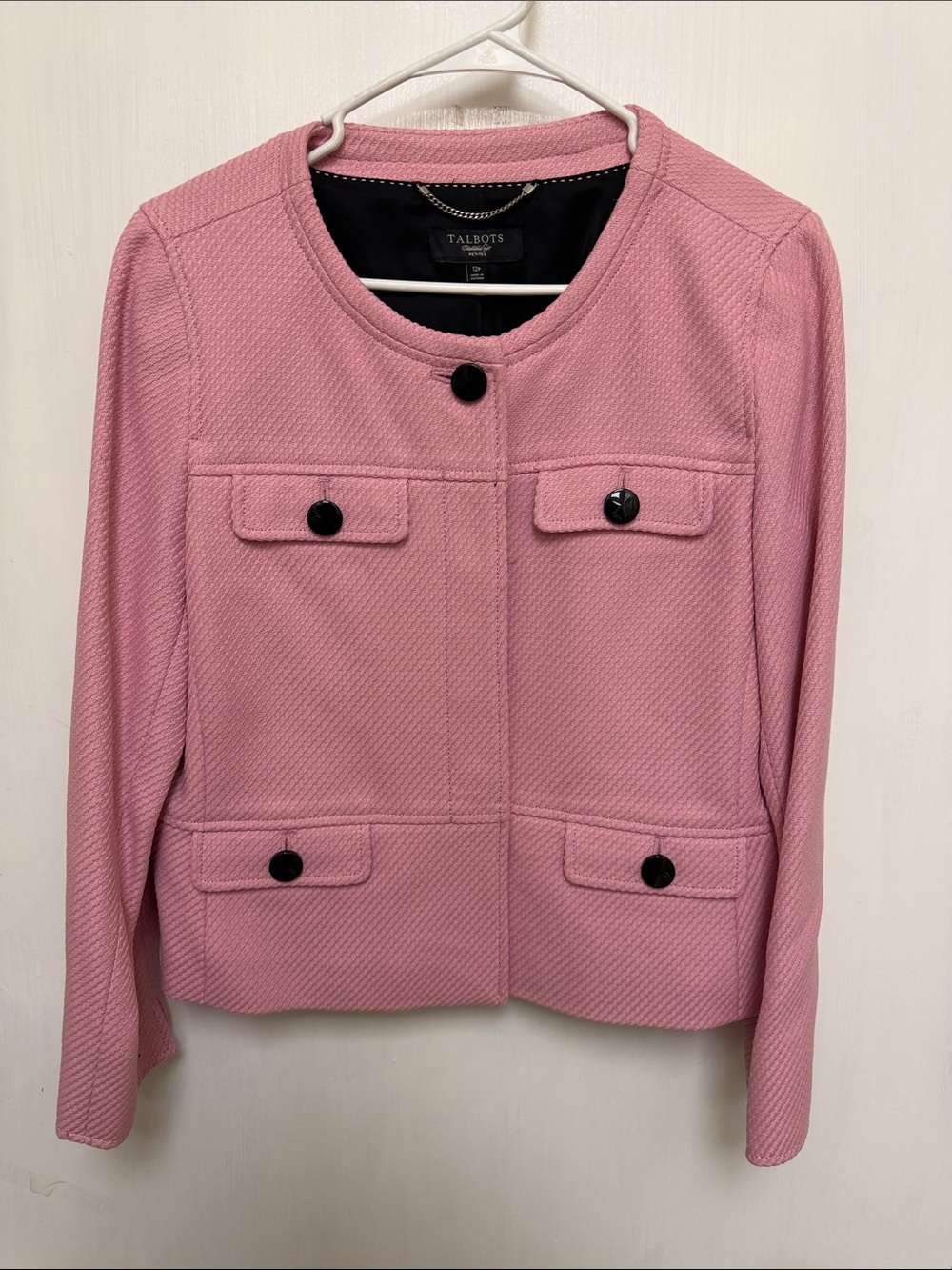 Talbots Pink Collarless Textured Button Jacket